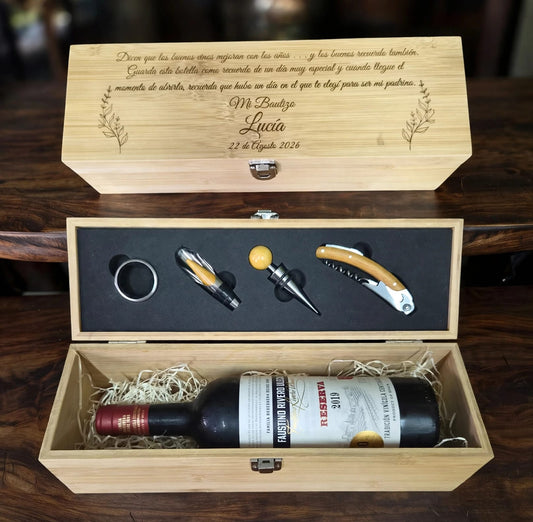 Estuche de bambú para vino con accesorios y grabado láser personalizado